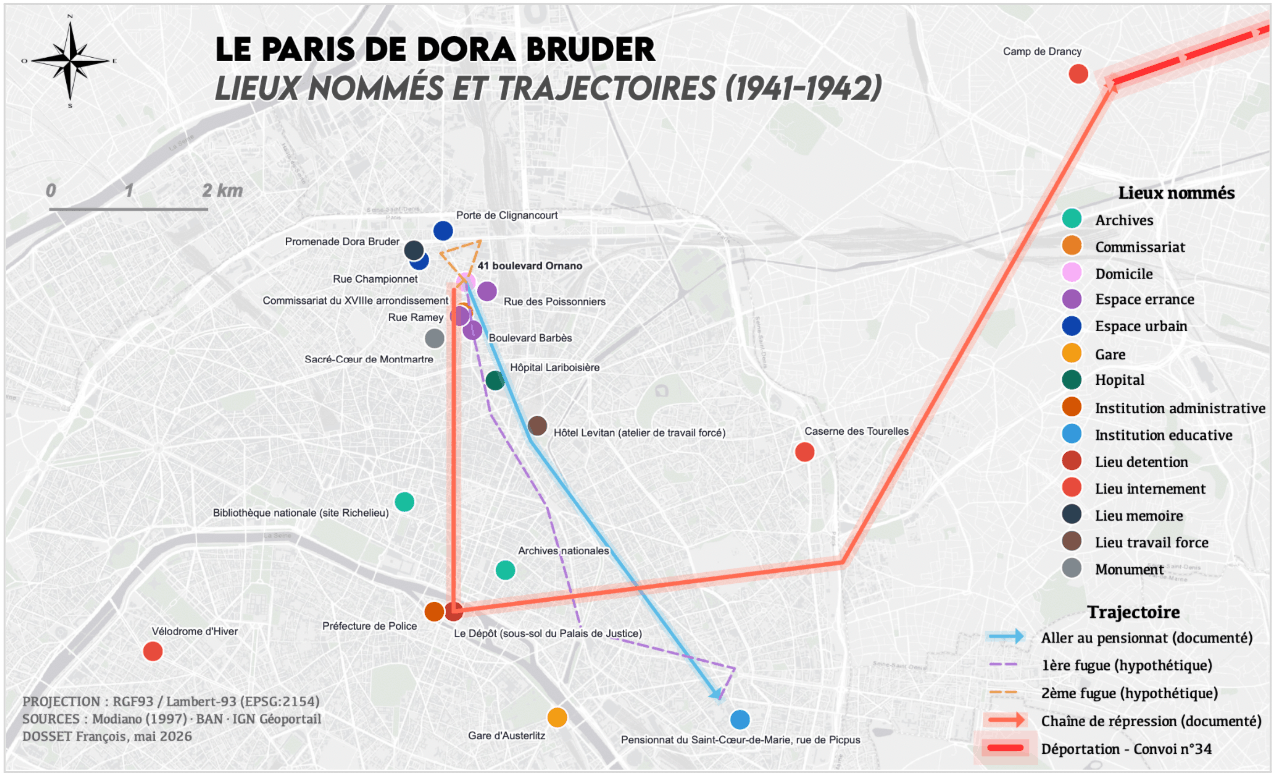 Fig. 3. Lieux nommés et trajectoire dans Paris